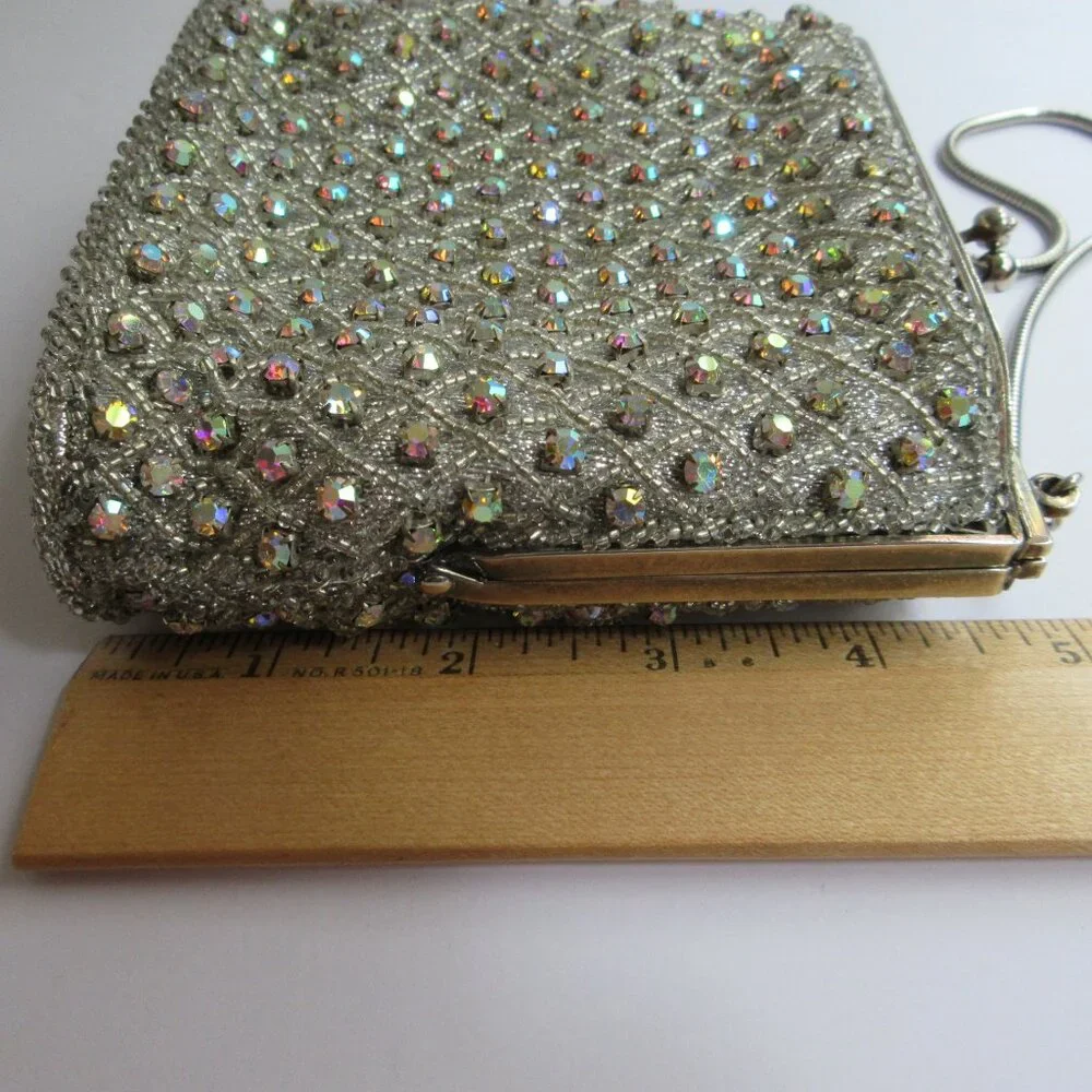 Silver Seed Bead AB Rhinestone Evening Bag Purse Metal Frame Kiss Lock Hong Kong - Picture 13 of 16